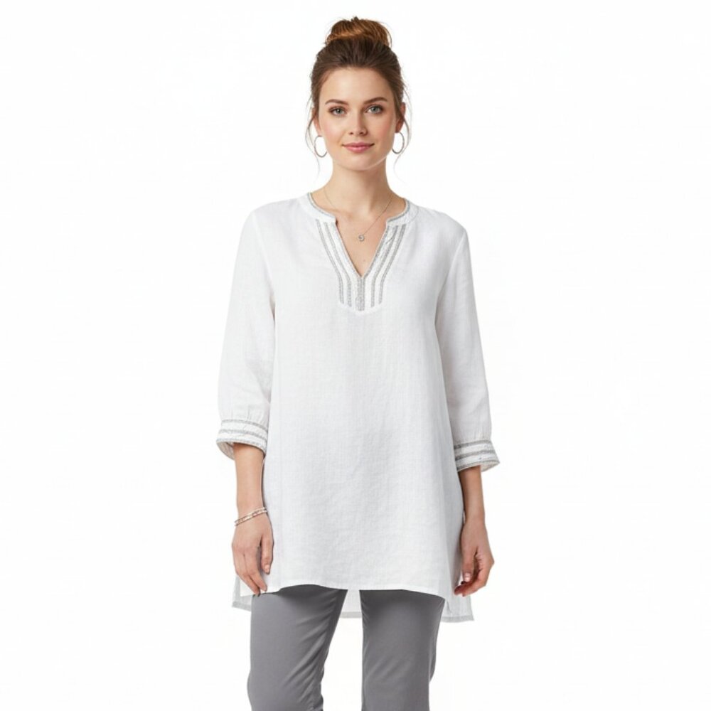 Purotatto  100% Flax Linen White & Silver Embellished Long Sleeve Top 46 L